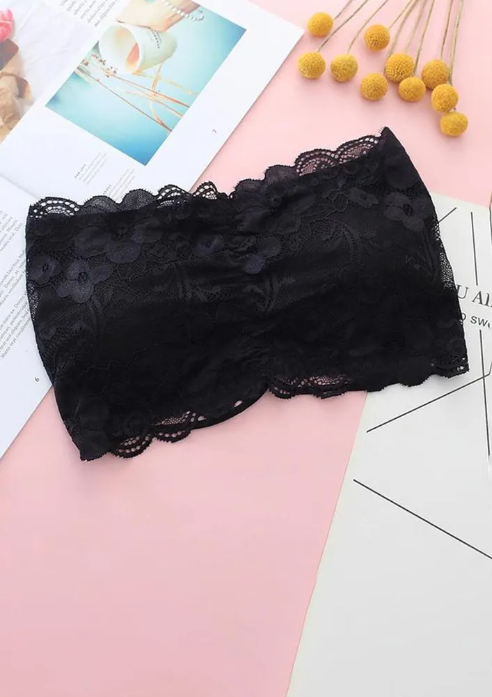 BLACK SOLID LACE-DETAIL BANDEAU BRALETTE