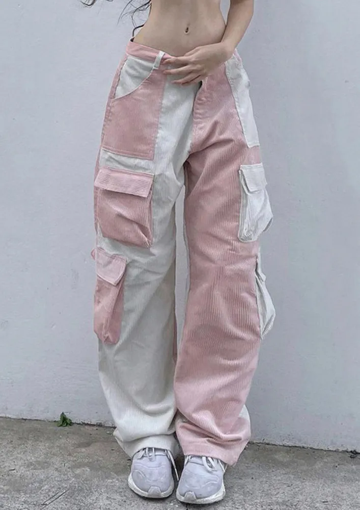 CORUROY COLOURBLOCK PINK CARGO PANT