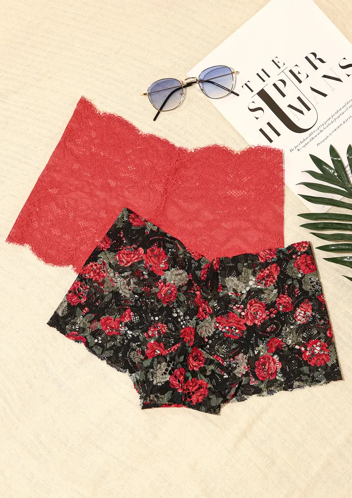 MERMAID LACE BOYSHORTS RED AND BLACK FLOWER COMBO