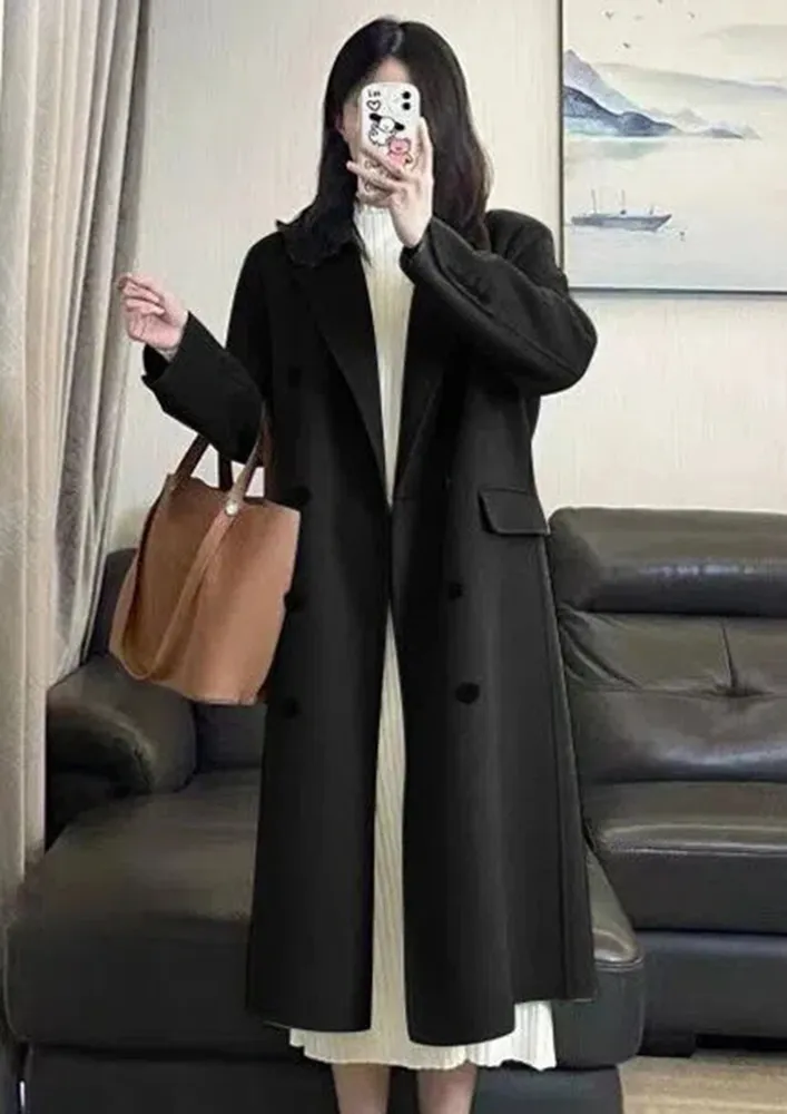 DOUBLE-BREASTED BLACK LAPEL LONG COAT