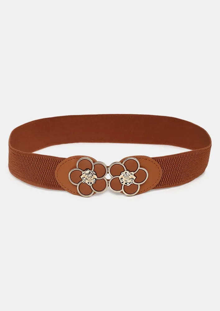 BROWN METALLIC-FLORAL ELASTICATED BELT