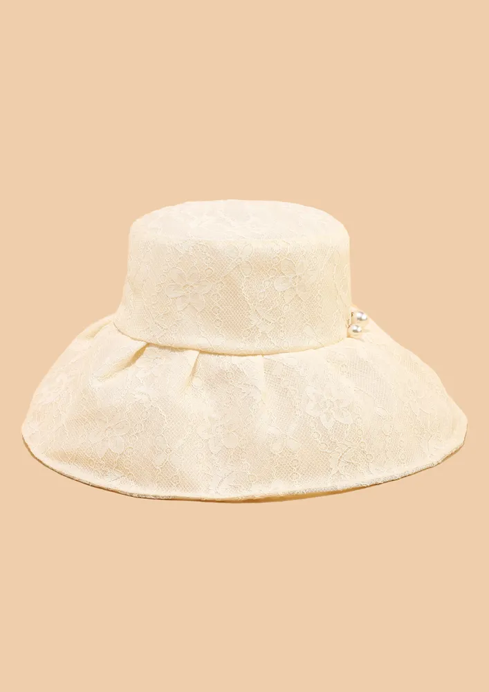 BEIGE PEARL-DETAIL LACE BUCKET HAT