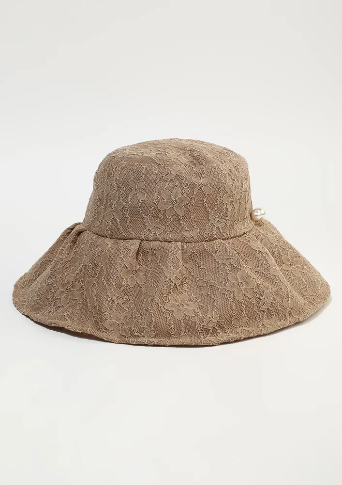 KHAKI PEARL-DETAIL LACE BUCKET HAT