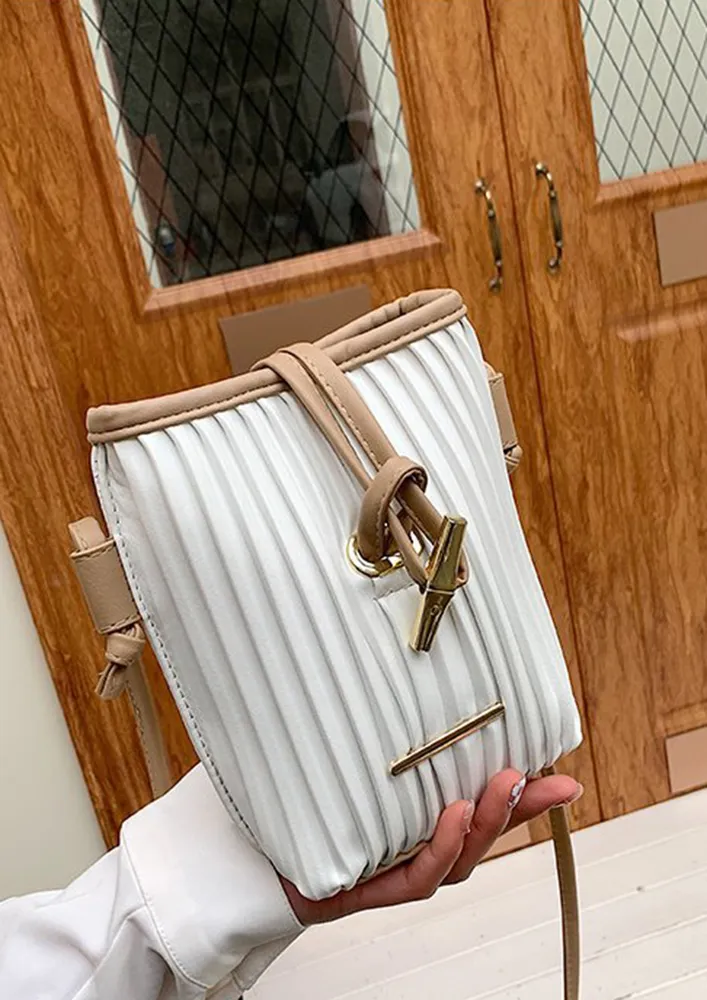 PU WHITE RUCHED BUCKET BAG