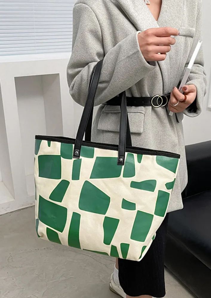 GREEN BLOCK-PRINT MEDIUM HANDBAG