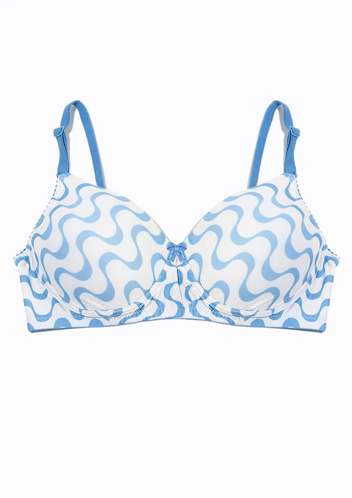 WHITE-BLUE WAVY-PRINT T-SHIRT BRA