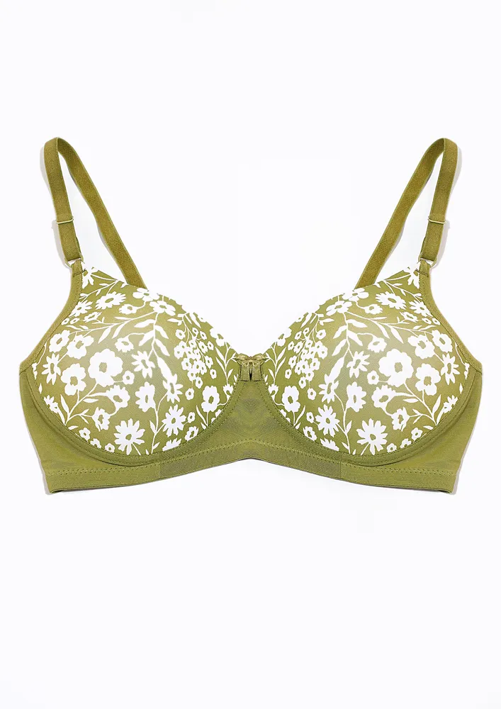 GREEN FLOARAL NON-WIRED T-SHIRT BRA