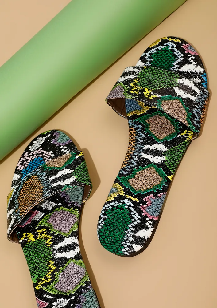 WIN THE DAY GREEN PRINTED SLIP-ON FLAT SANDALS