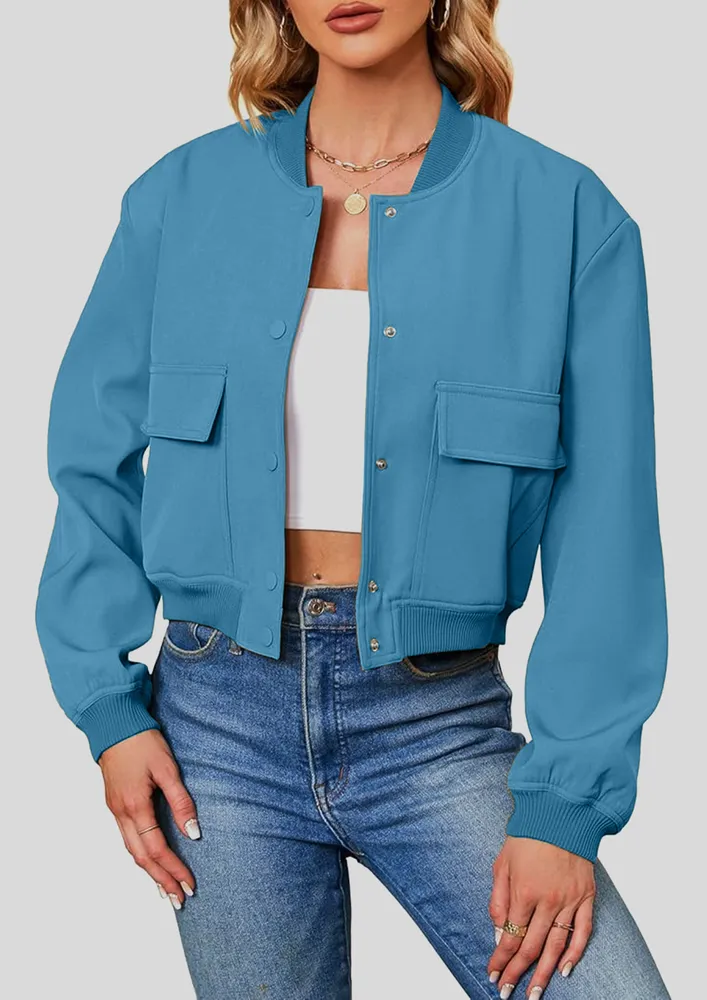 Teal Blue Mandarin Collar Bomber Jacket