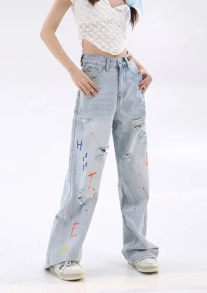 Blue Printed Distressed Detail Wide Jeans