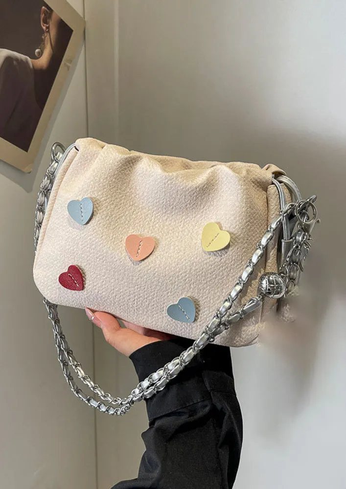 BEIGE HEART-SHAPED APPLIQUE CROSSBODY BAG