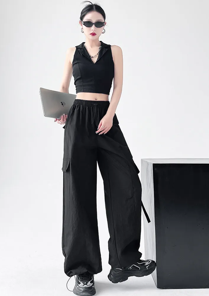 Black Crinkle-effect Nylon Parachute Pants