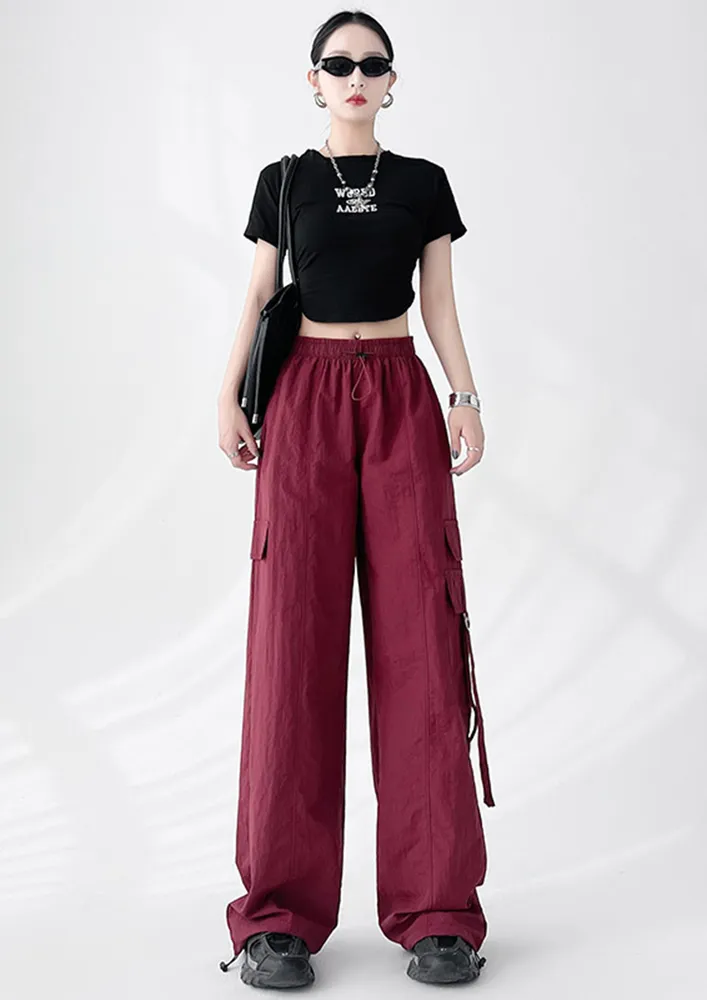 Crimson Crinkle-effect Nylon Parachute Pants