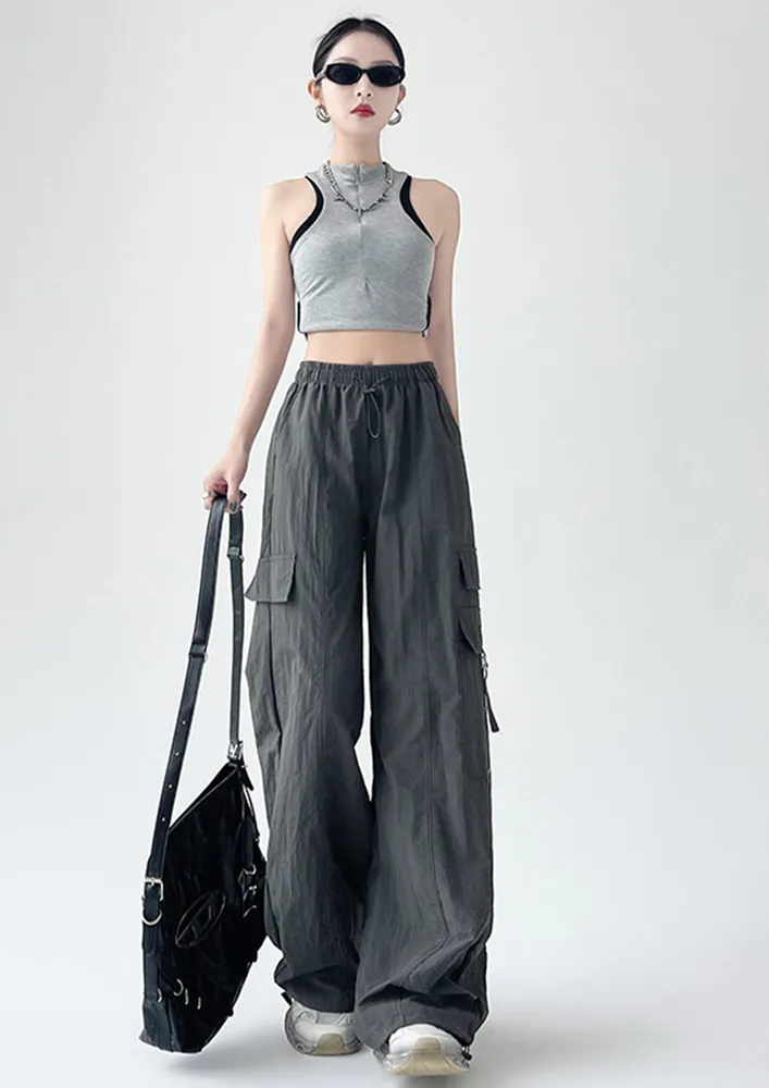 Dark Grey Crinkle-effect Nylon Parachute Pants