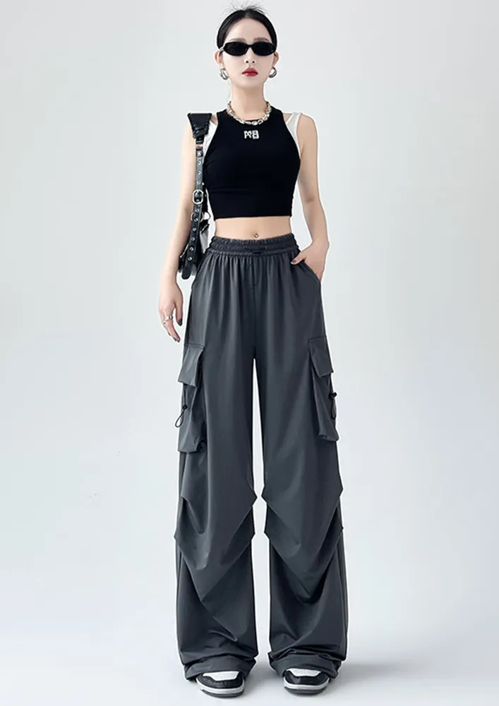 Dark Grey Pleated Detail Nylon Parachute Pants