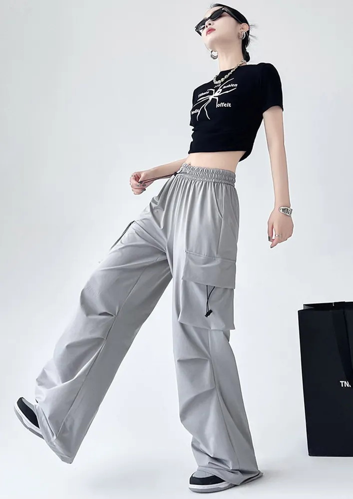 Grey Pleated Detail Nylon Parachute Pants