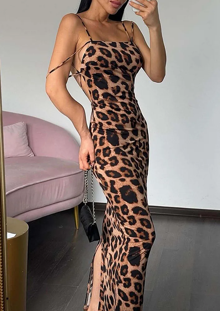 Backless Spaghetti Strap Animal Print Dress