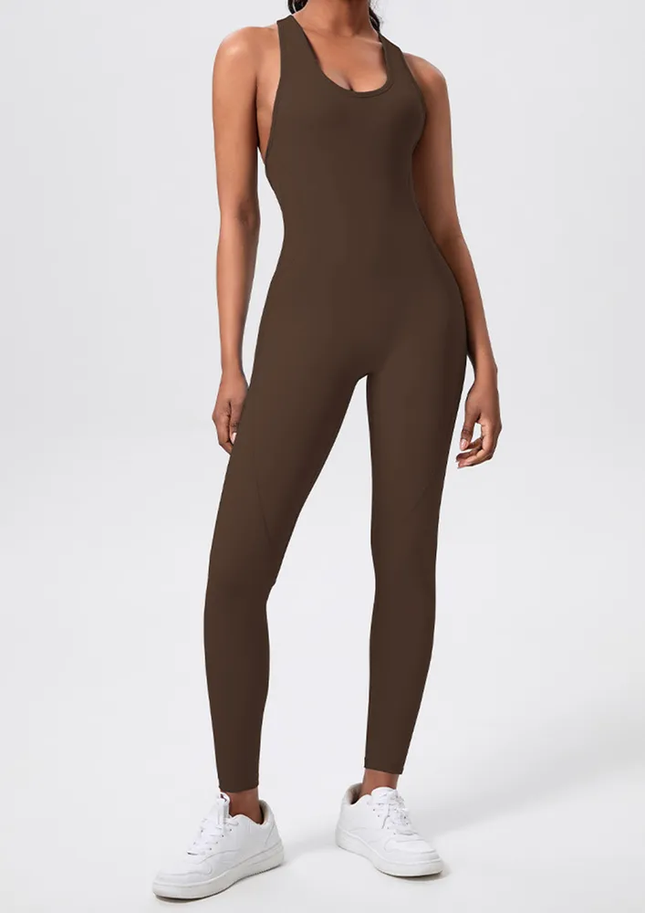 Brown Cut-out Racerback Sports Jumpsuit