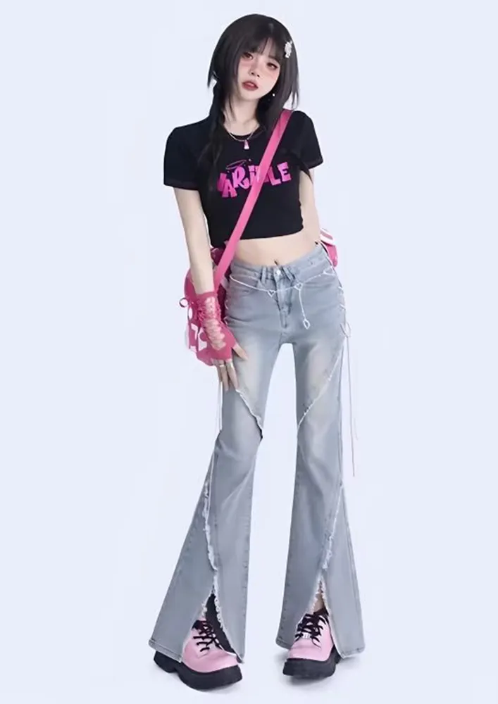 Faded-effect Front Slit Flare Jeans