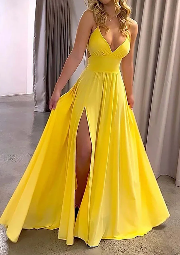 Tie-up Backless Yellow Panelled Dress