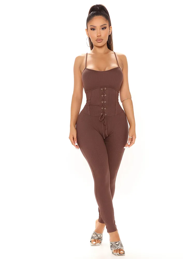 Brown Lace-up Front Slim Jumpsuit