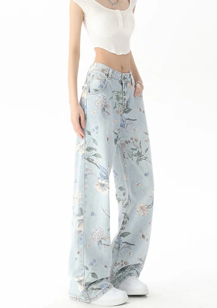 Blue Floral Print Loose Straight Jeans