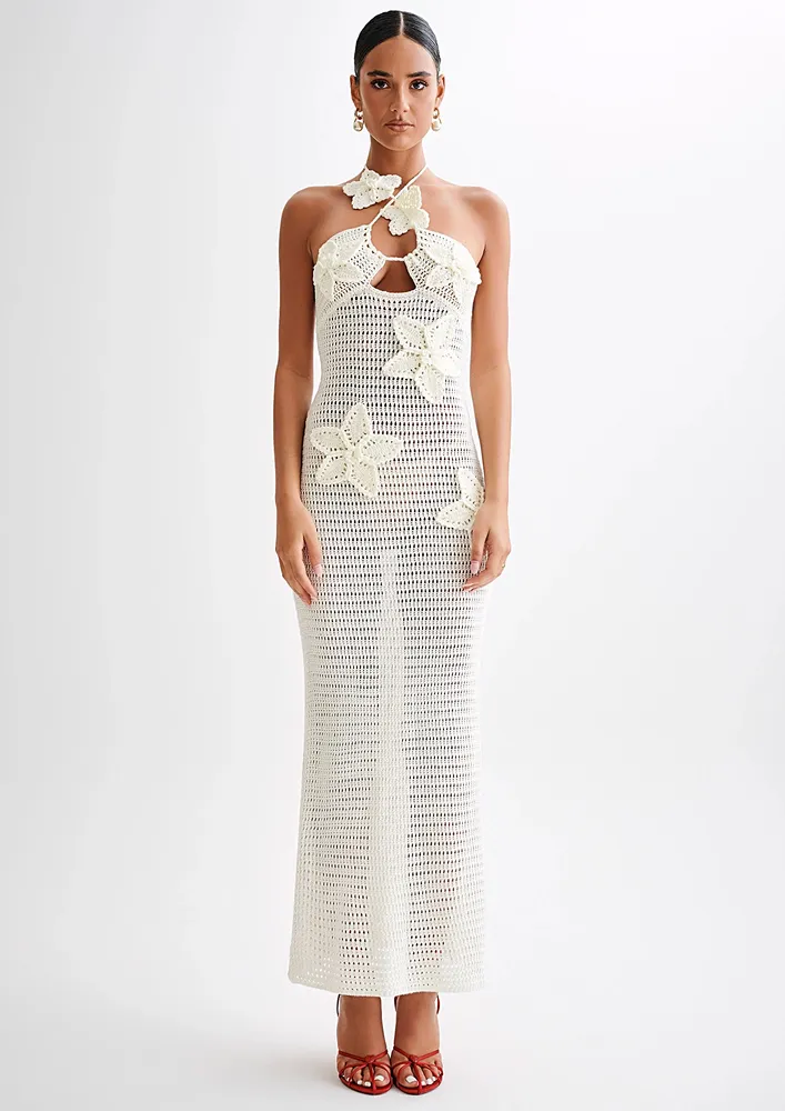 Tie-up White Long Crochet Halter Dress