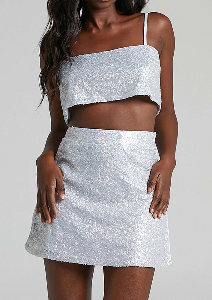 Silver Sequin Spaghetti Strap Crop Top & Skirt Set