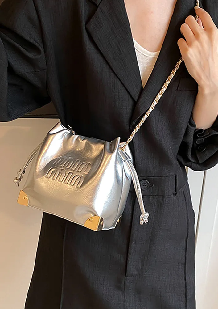 FAUX LEATHER BUCKET SILVER BAG